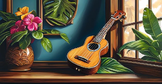 A ukulele made of mahogany on a wooden table with tropical flowers around it, illuminated by soft light.