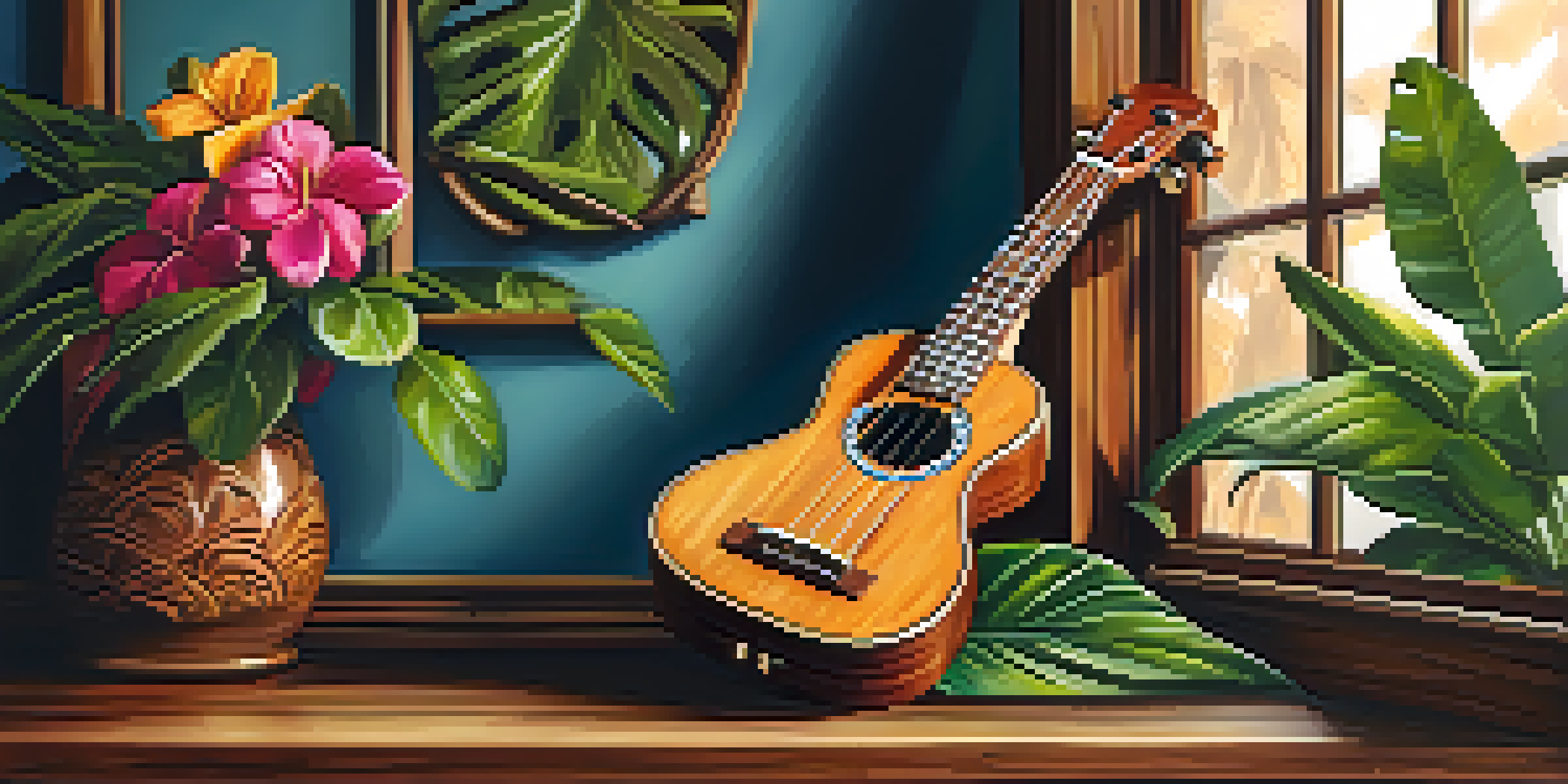 A ukulele made of mahogany on a wooden table with tropical flowers around it, illuminated by soft light.