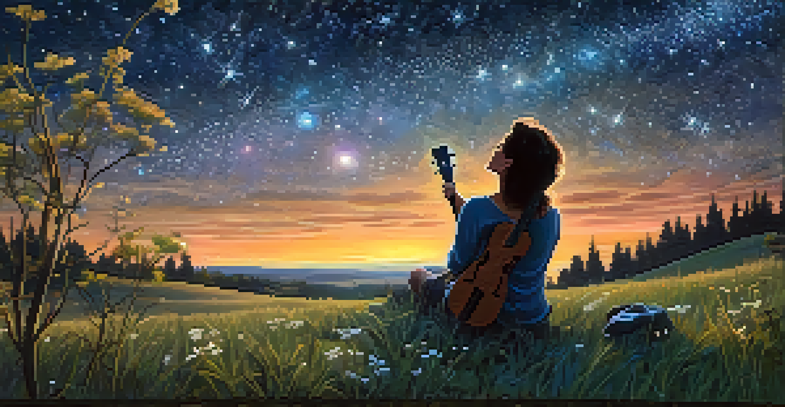 A starry night sky with a person on a grassy hill holding a ukulele, gazing up at the stars.