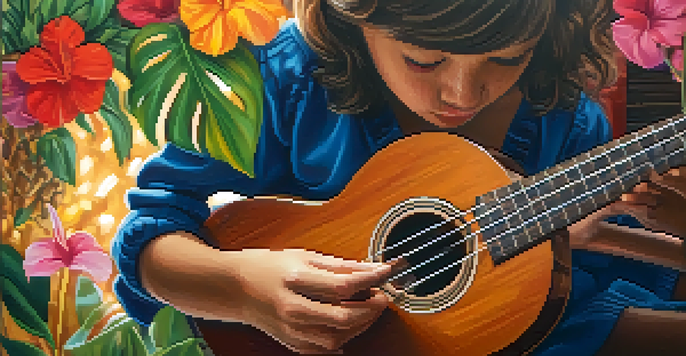 A hand strumming a ukulele surrounded by colorful tropical flowers, capturing a joyful and nostalgic atmosphere.