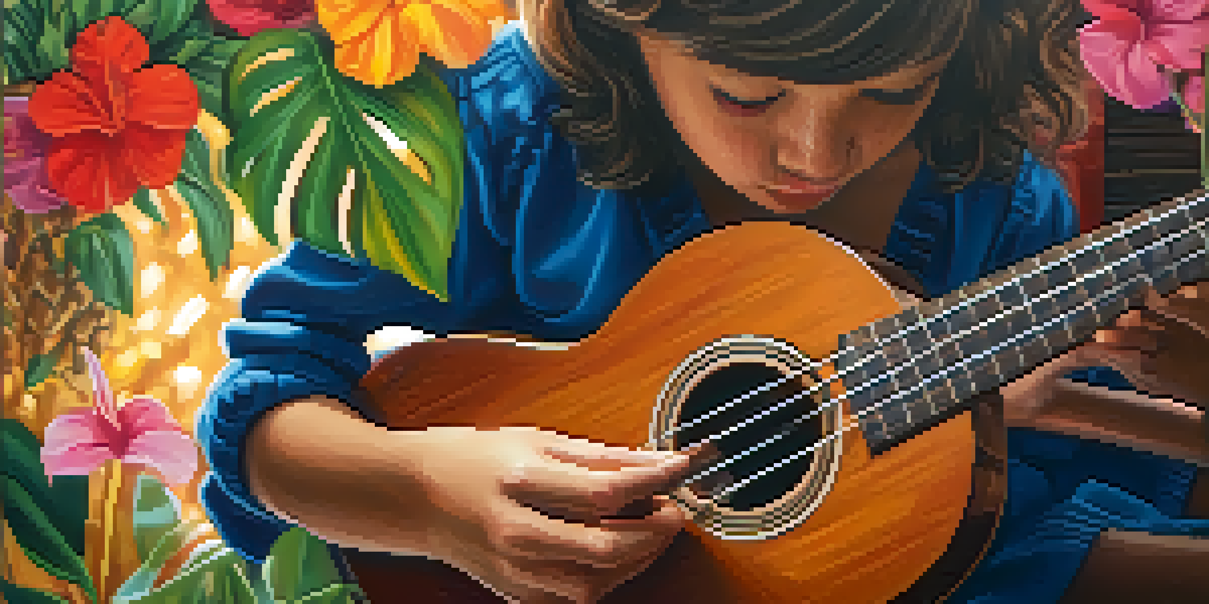 A hand strumming a ukulele surrounded by colorful tropical flowers, capturing a joyful and nostalgic atmosphere.