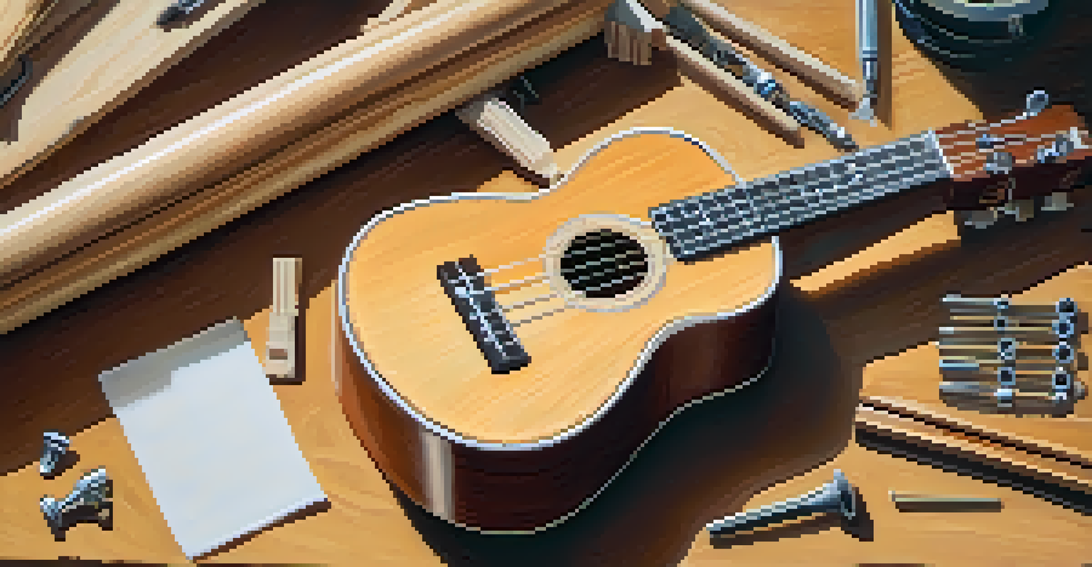 An overhead view of a workspace with a ukulele being assembled, showing tools and the neck aligned with the body.