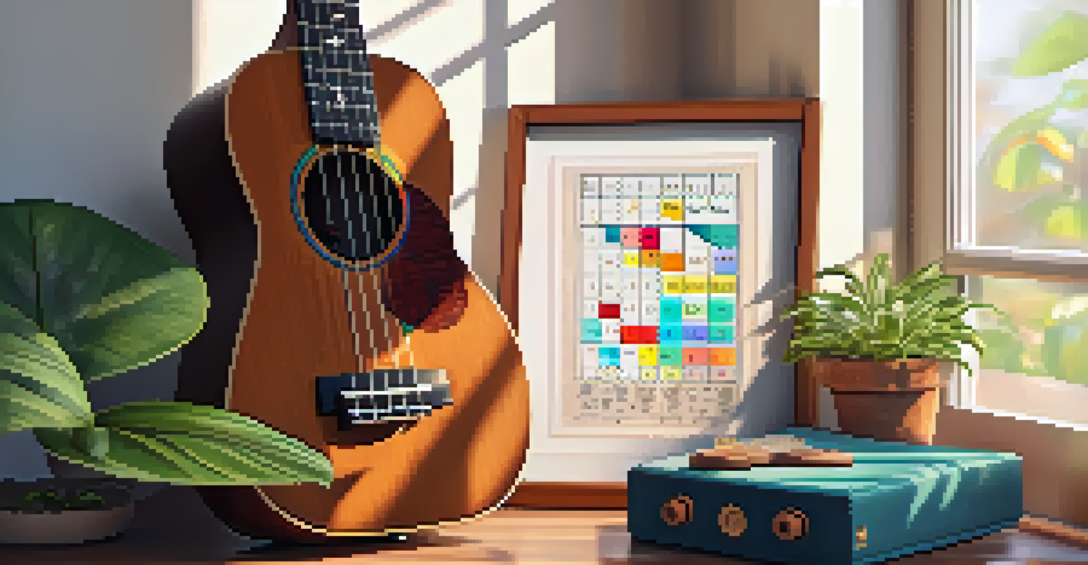 A ukulele on a wooden table with a chord chart and tuner in a cozy living room.