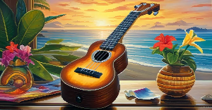 A ukulele on a wooden table by the beach with tropical flowers and shells, illuminated by the sunset.