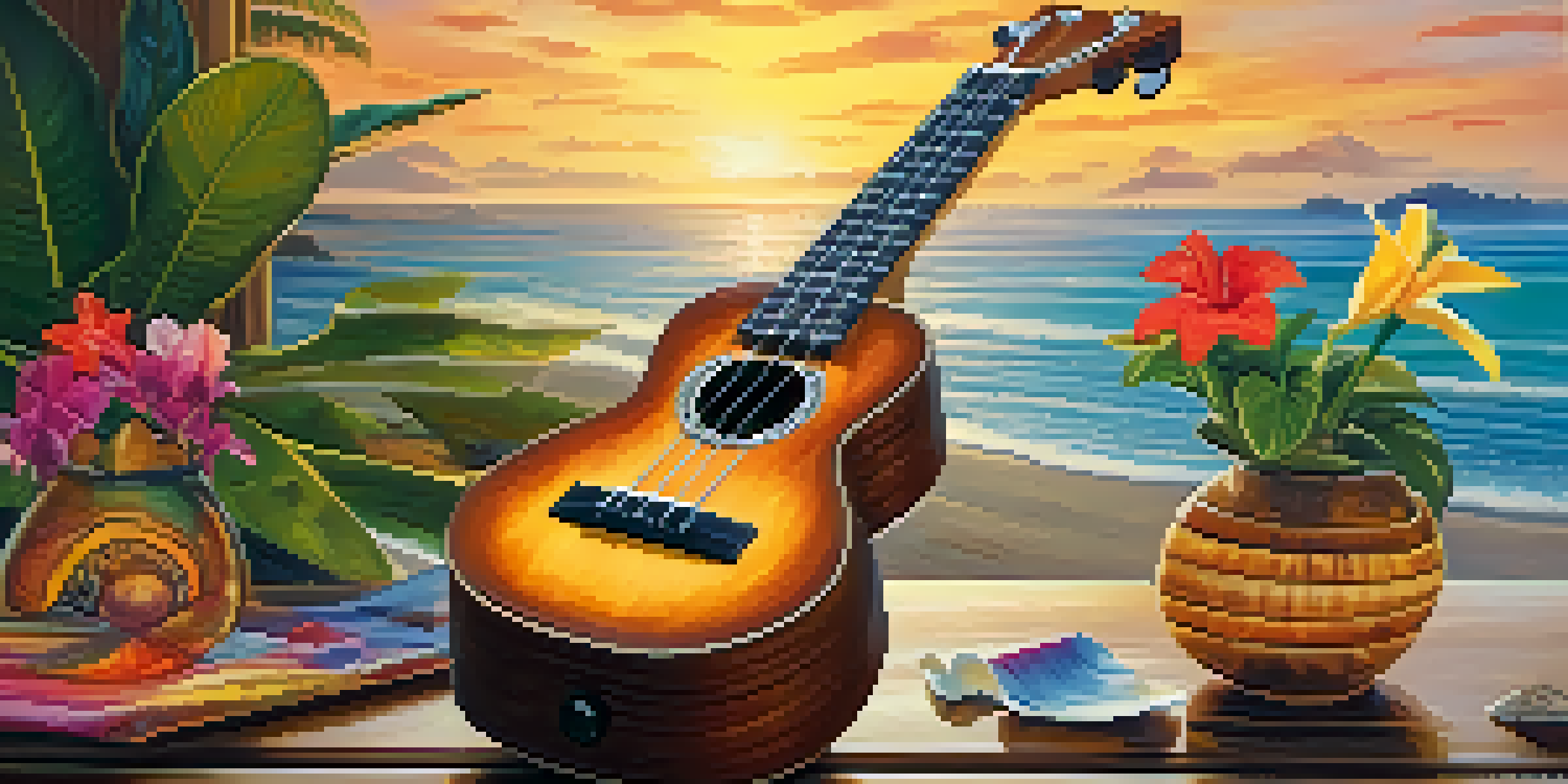 A ukulele on a wooden table by the beach with tropical flowers and shells, illuminated by the sunset.