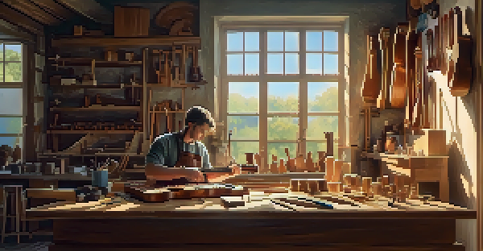 A luthier working on a ukulele in a sunlit workshop, with tools and wood surrounding them.
