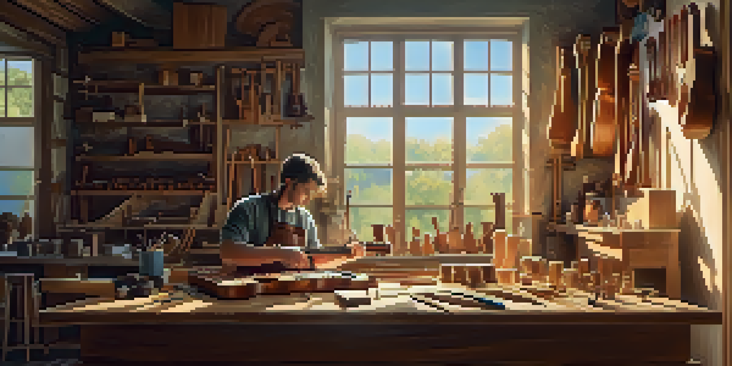 A luthier working on a ukulele in a sunlit workshop, with tools and wood surrounding them.