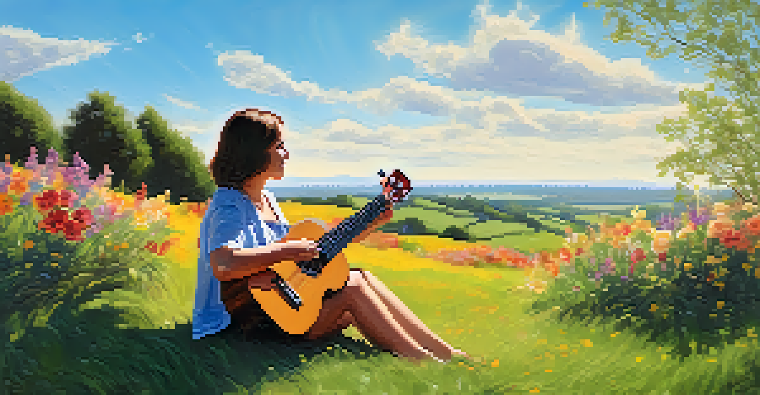 A person playing a ukulele while sitting on a grassy hill surrounded by colorful flowers on a sunny day.
