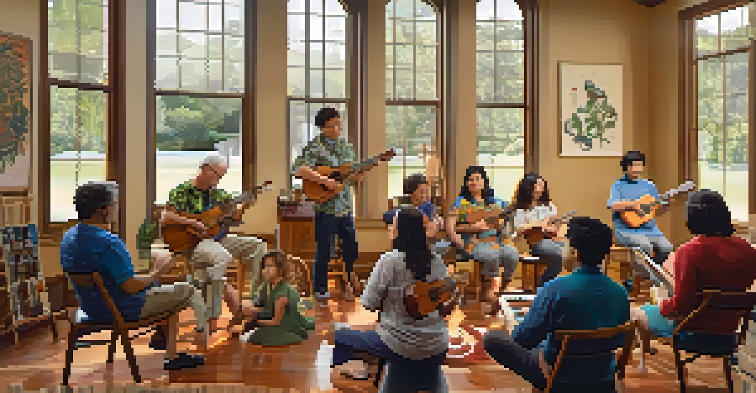 A ukulele workshop with participants learning from an instructor in a bright, welcoming room.