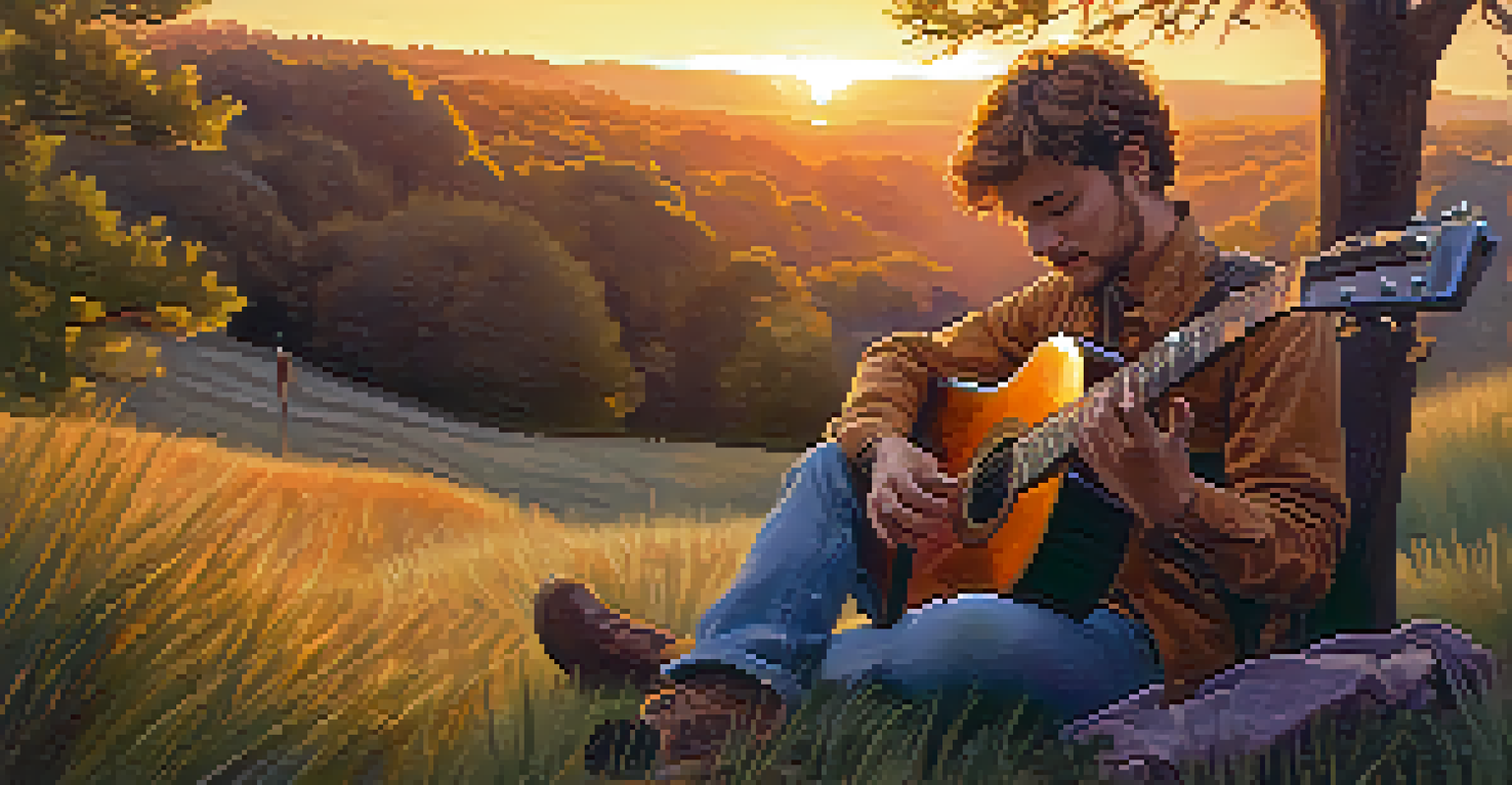 A musician playing an acoustic guitar on a grassy hill at sunset, with a metronome beside them, surrounded by nature.