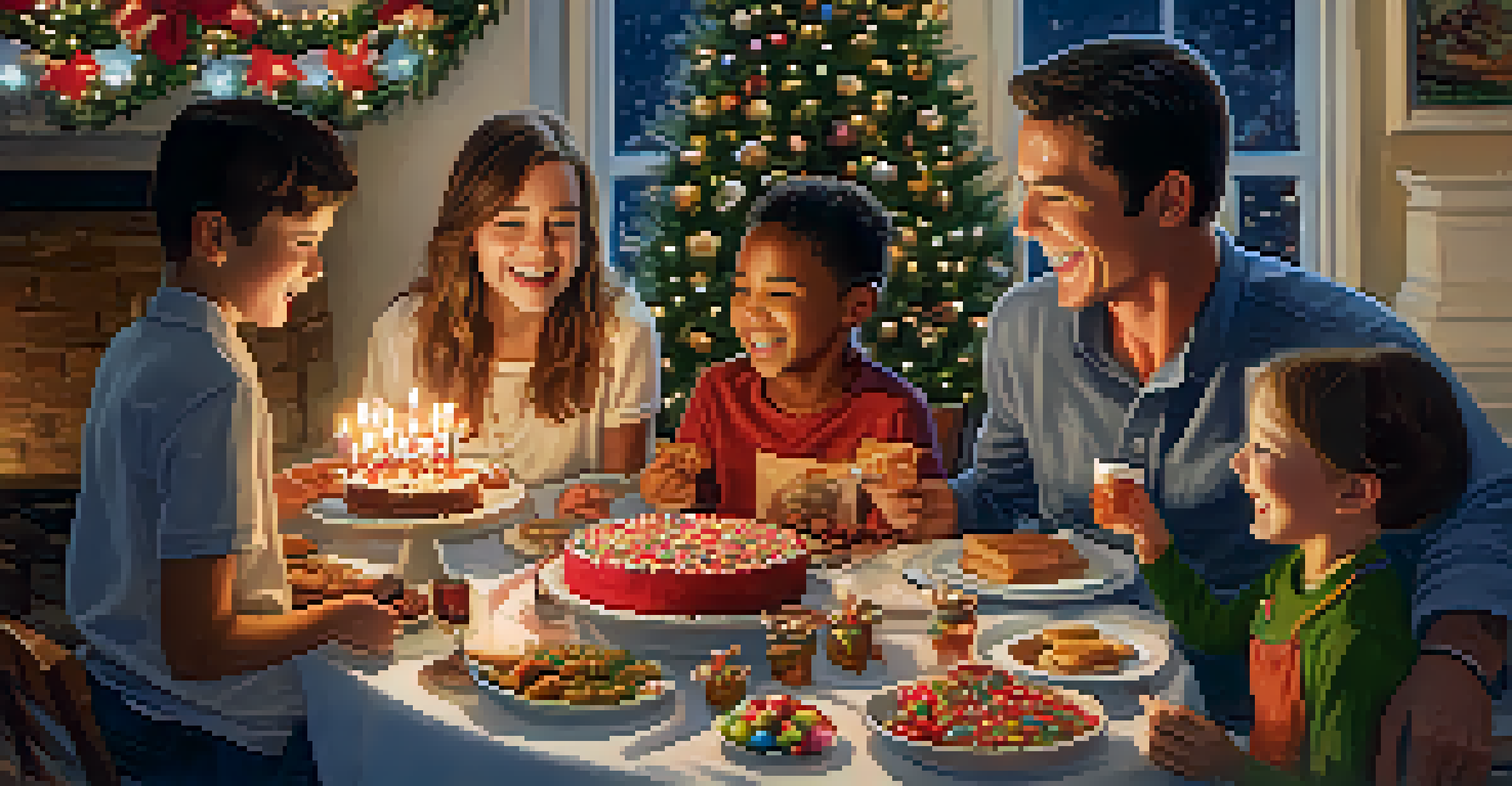 A family joyfully gathered around a holiday table with treats, a child playing ukulele, and others singing along.