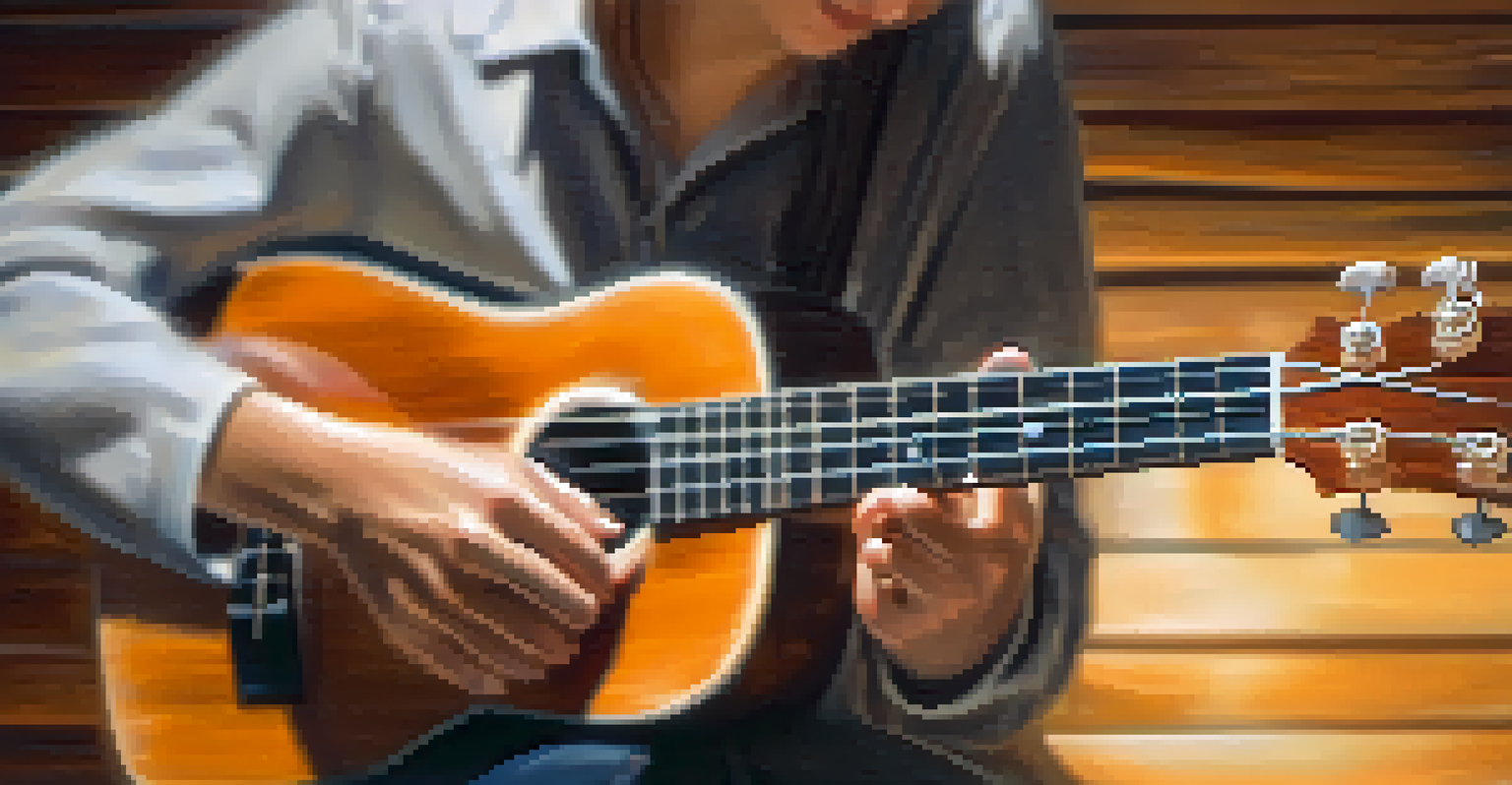 A close-up of hands strumming a ukulele, with a blurred background and warm lighting emphasizing the wooden texture of the instrument.
