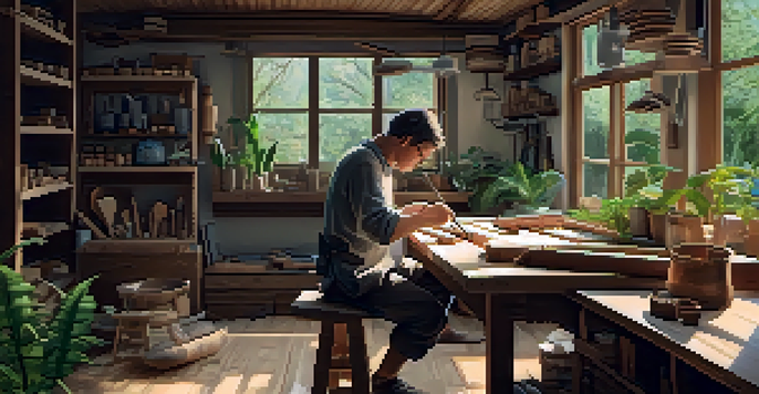 A luthier in a bright workshop, crafting a ukulele from sustainable materials like bamboo and reclaimed wood, with tools and plants around.