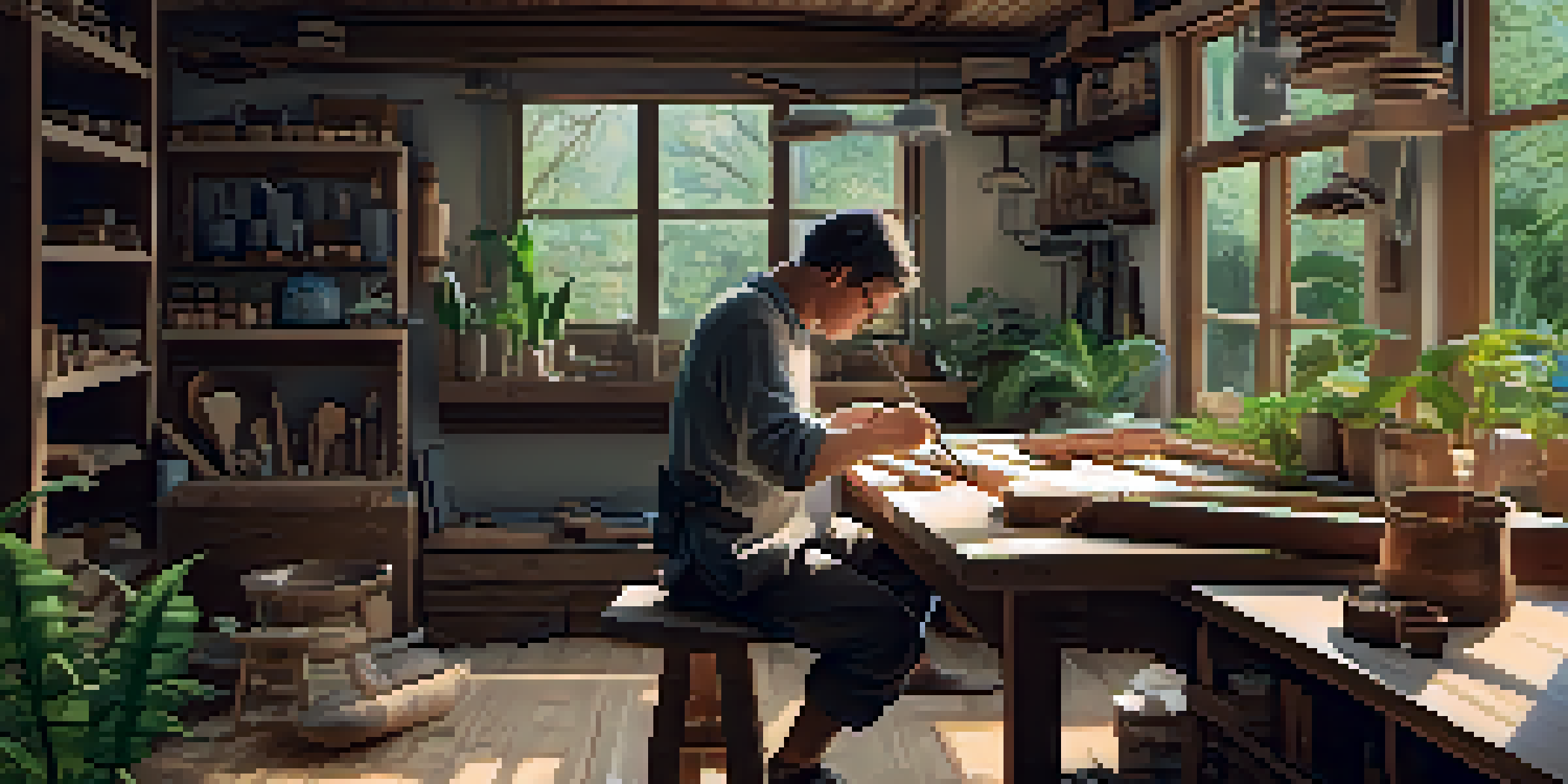 A luthier in a bright workshop, crafting a ukulele from sustainable materials like bamboo and reclaimed wood, with tools and plants around.