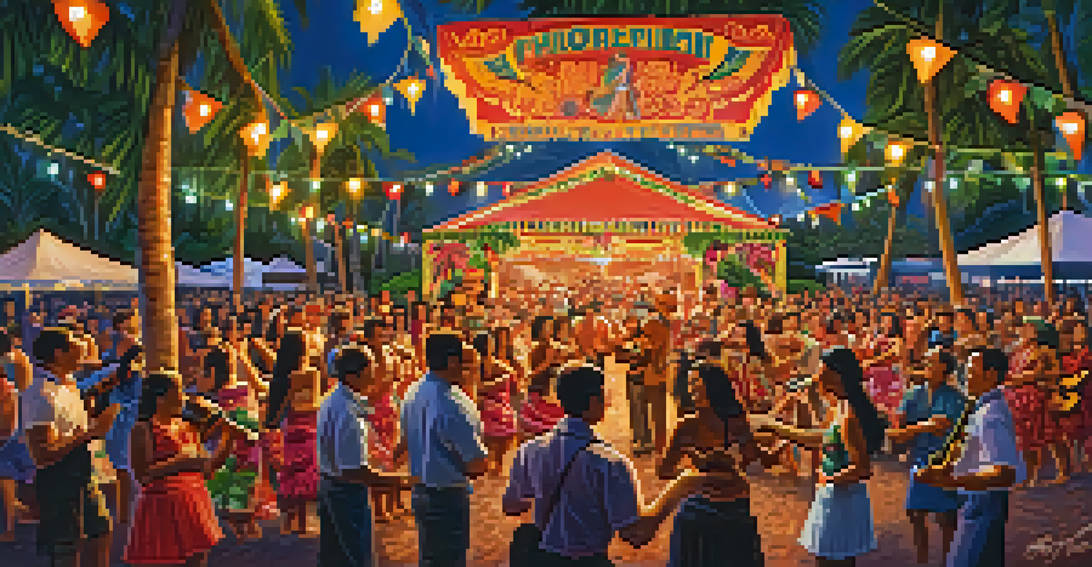 A festive Hawaiian festival with musicians playing ukuleles on stage, and an audience dancing in traditional attire, showcasing a vibrant celebration.