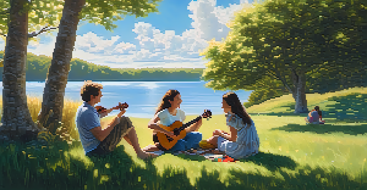 A person playing the ukulele outdoors on a sunny day, surrounded by friends in a vibrant, cheerful setting.