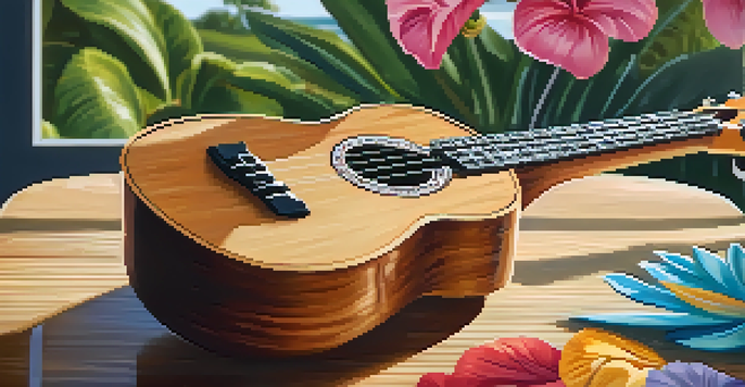 A close-up view of a ukulele on a wooden table, with flowers softly blurred in the background.