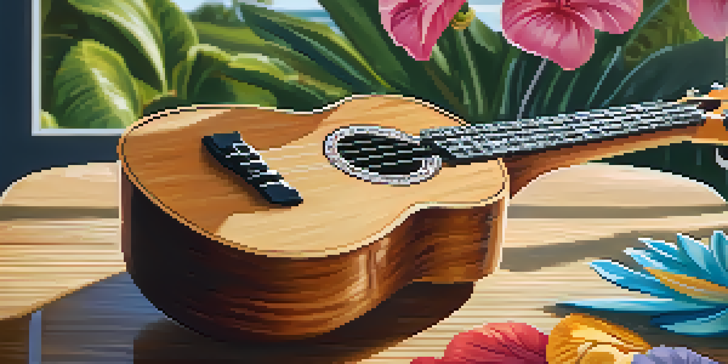 A close-up view of a ukulele on a wooden table, with flowers softly blurred in the background.