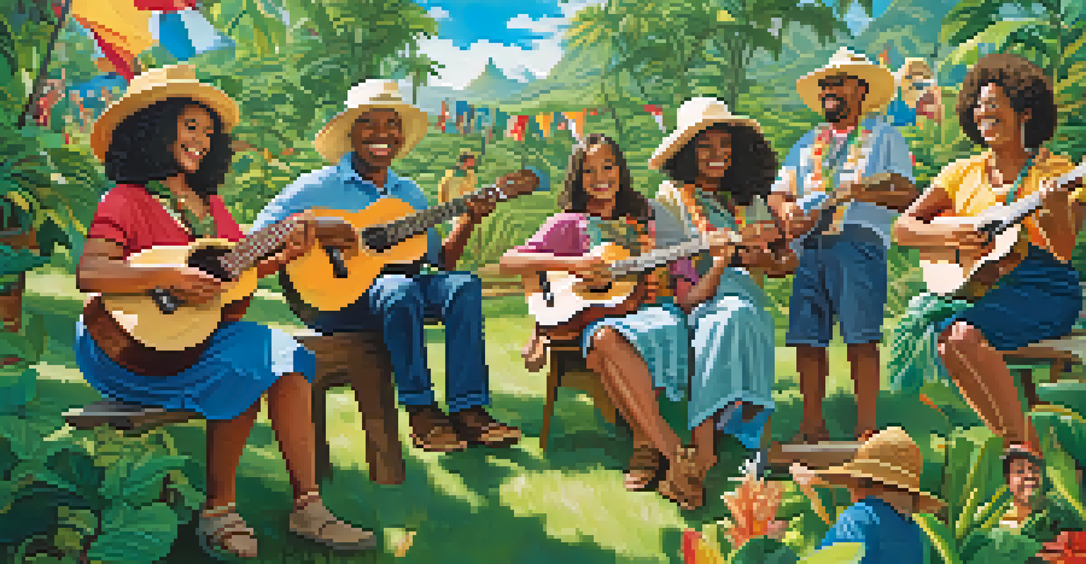 A diverse group of musicians joyfully playing ukuleles outdoors, surrounded by greenery and colorful banners under a blue sky.