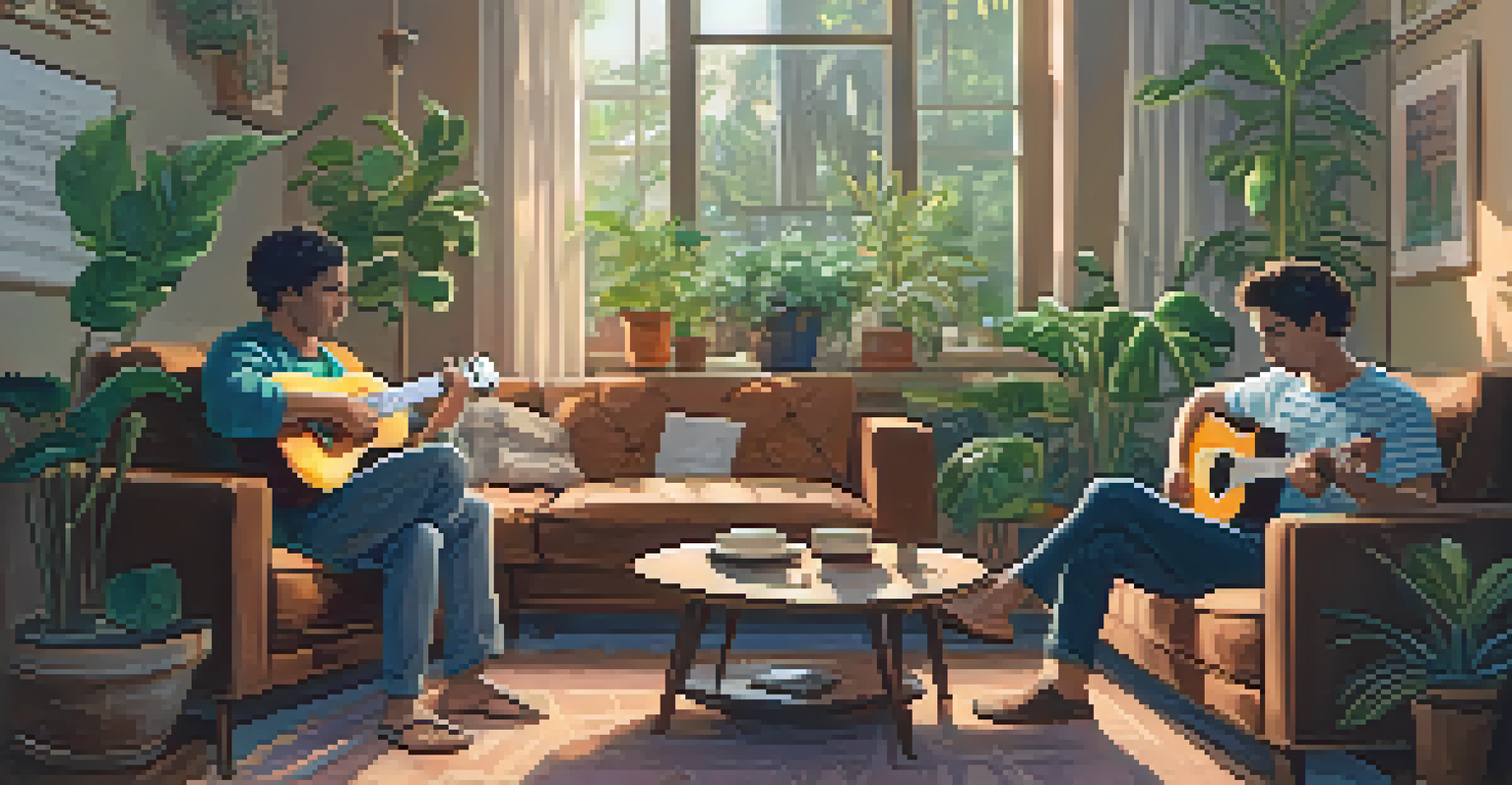 Two friends practicing ukulele in a cozy living room with plants and soft lighting.