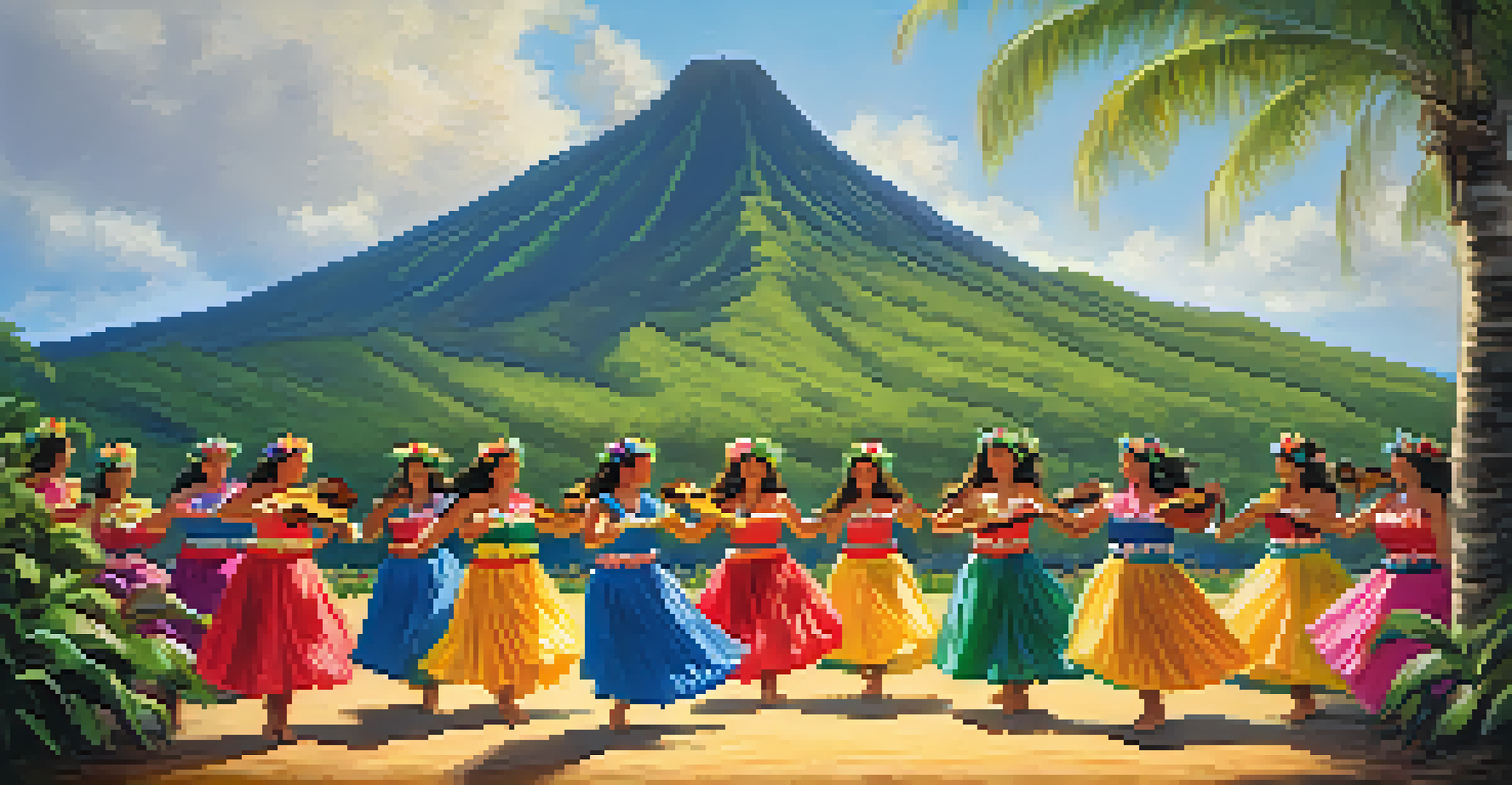 Hula dancers in traditional attire performing on a sandy stage with a Hawaiian landscape in the background.