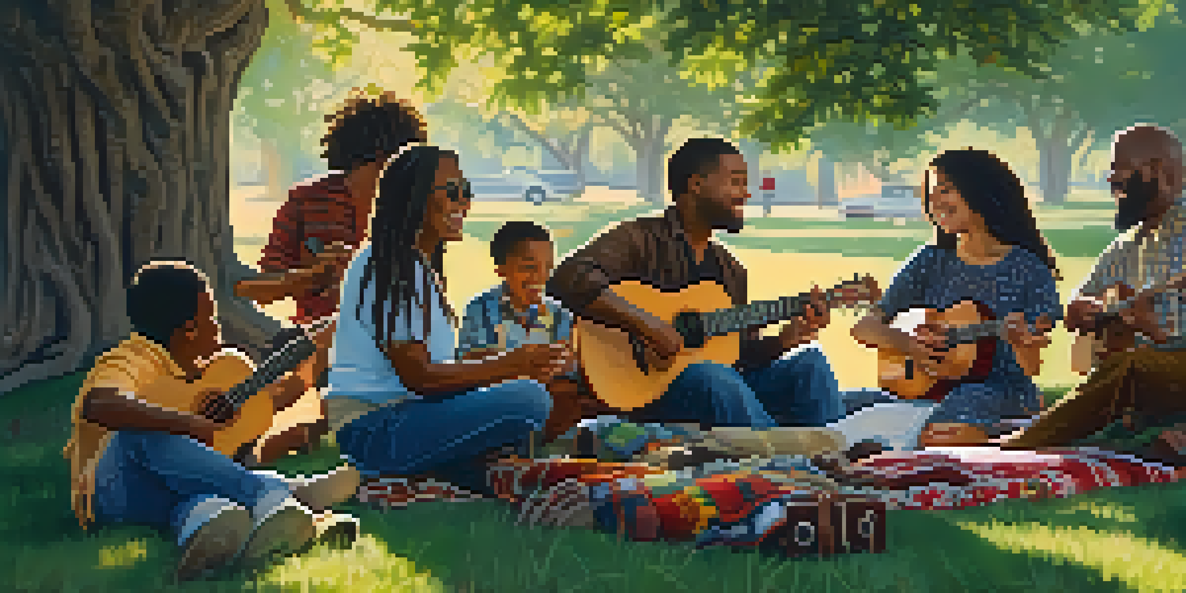 A group of diverse musicians playing ukuleles together outdoors, surrounded by nature, showcasing joy and unity.