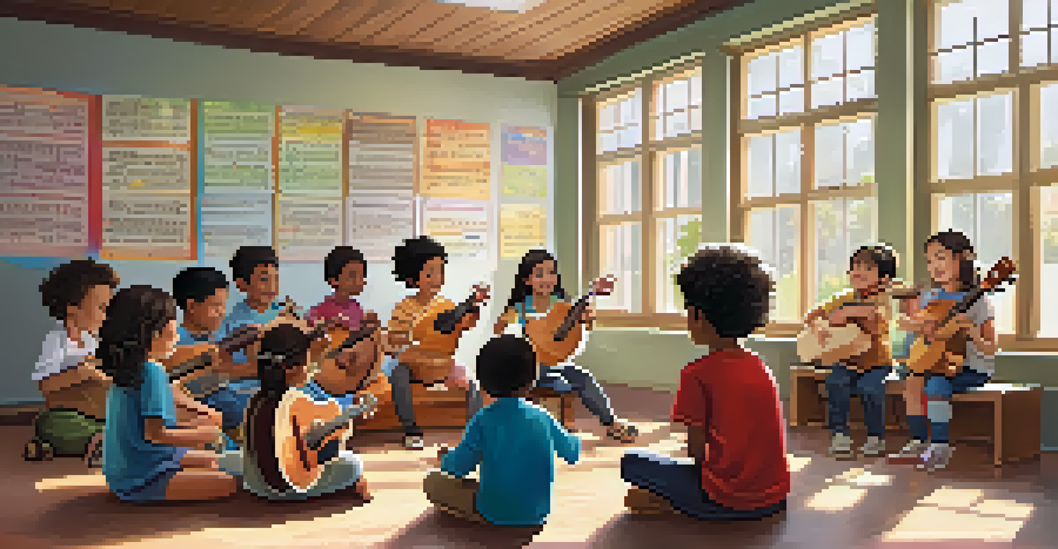 Children learning to play the ukulele in a bright classroom with a teacher guiding them.