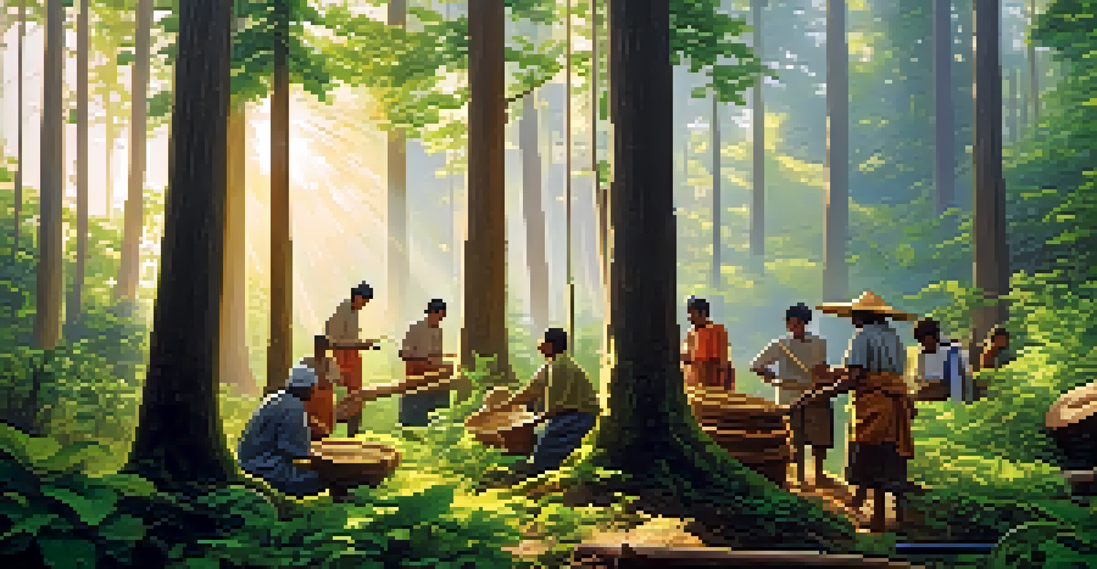 A forest scene with artisans practicing sustainable wood harvesting, surrounded by lush greenery and dappled sunlight.