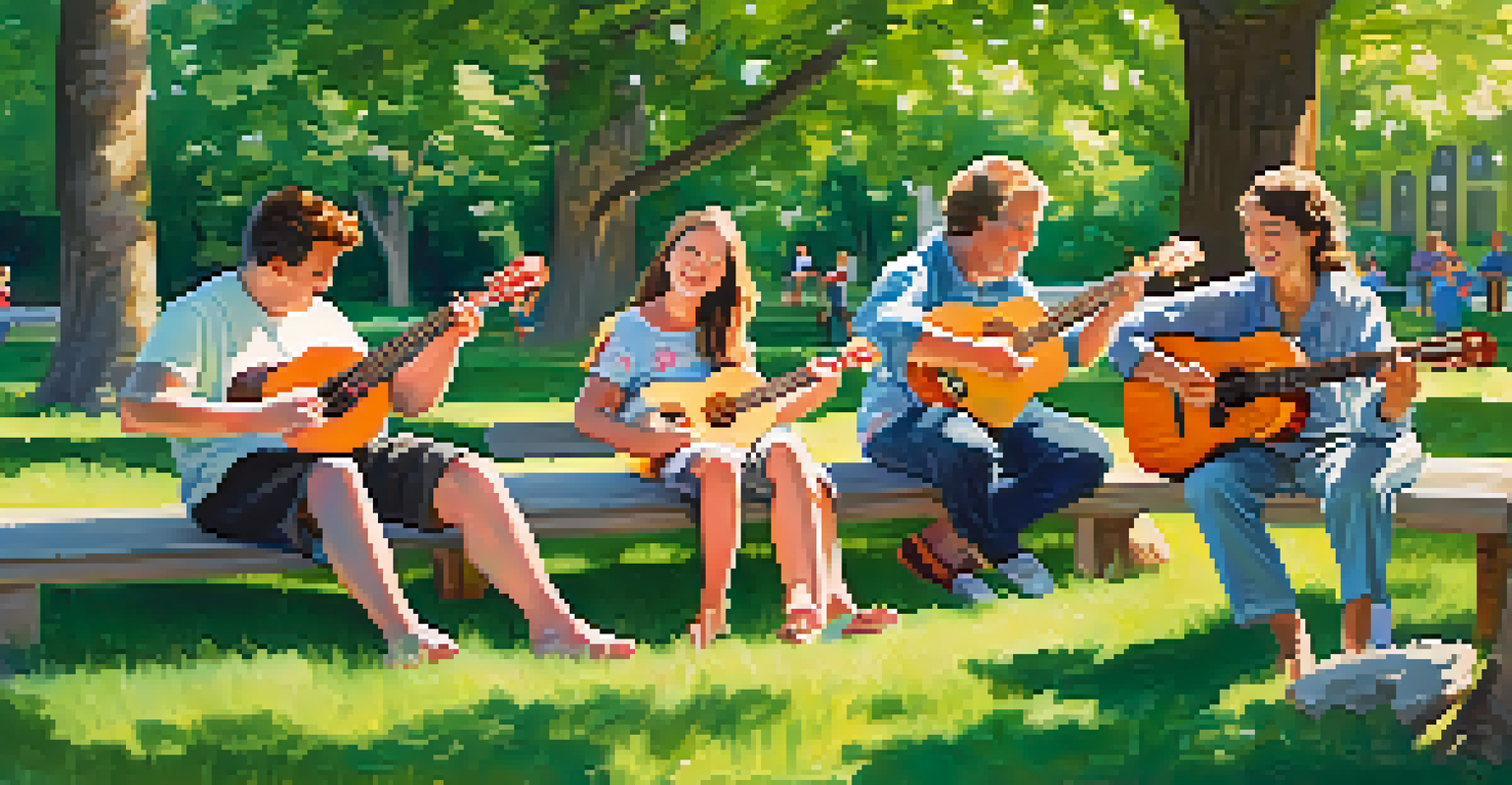 Participants of different ages playing ukuleles in a sunny park, surrounded by green trees and colorful flowers, showcasing joy and interaction.
