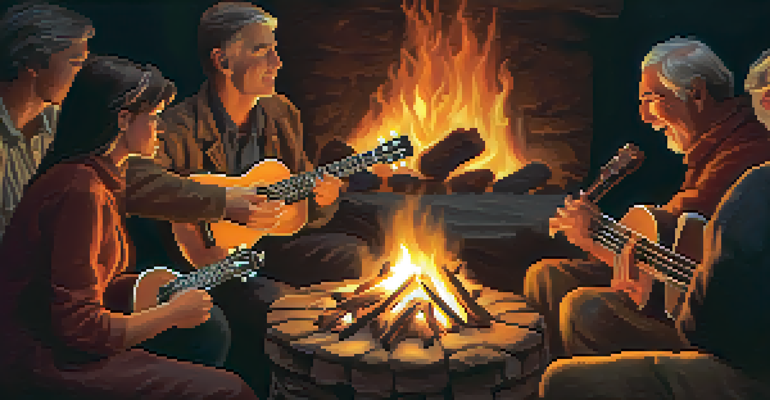A close-up of a storyteller's hands playing a ukulele by a campfire, with listeners silhouetted in the background, illuminated by the fire's warm glow.