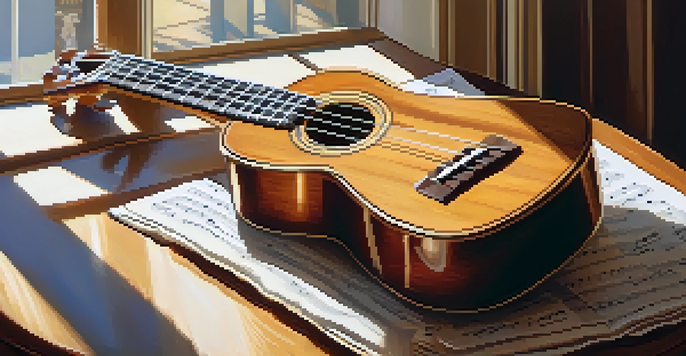 A ukulele on a wooden table with sheet music and a coffee cup, illuminated by soft sunlight.