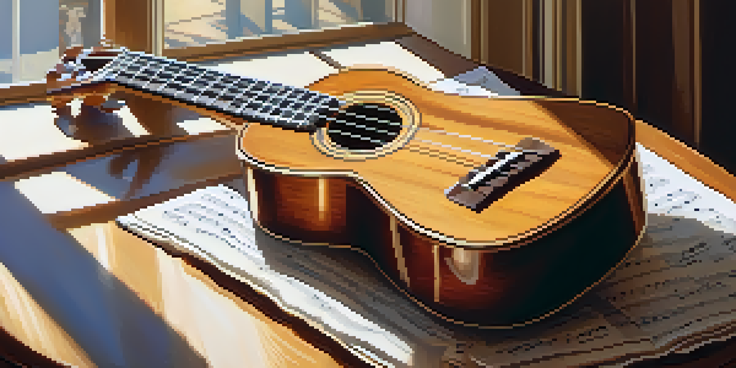 A ukulele on a wooden table with sheet music and a coffee cup, illuminated by soft sunlight.