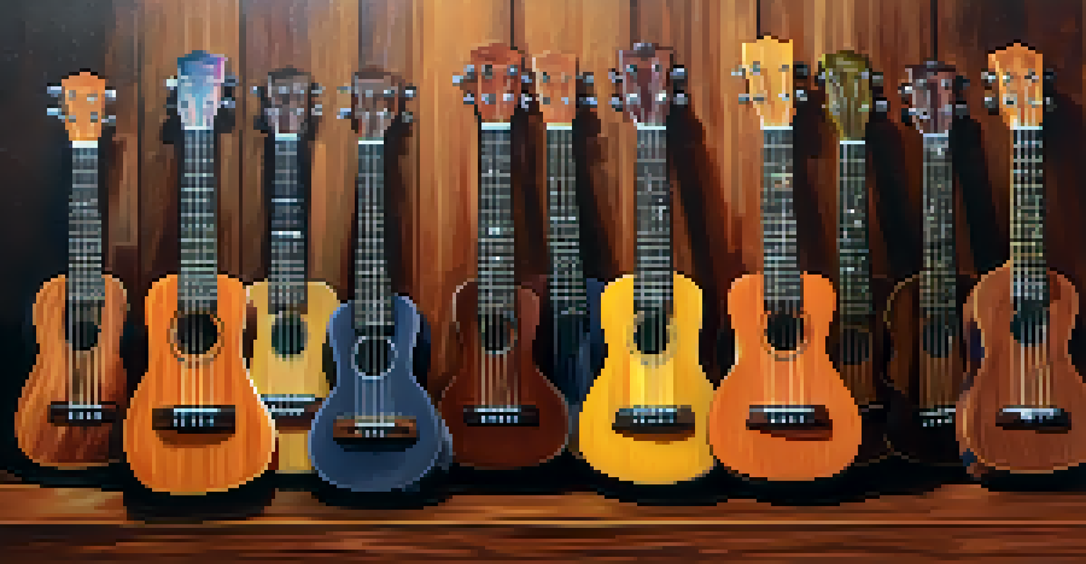 Various ukuleles made from different woods displayed on a wooden table with music sheets scattered around.