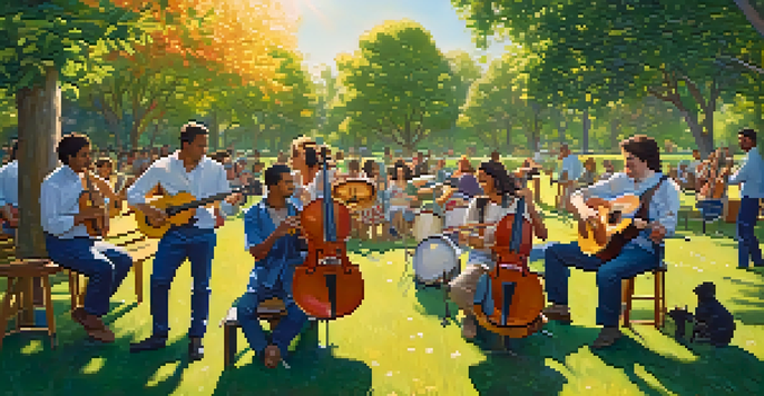 A group of musicians playing instruments in a sunny park, surrounded by trees and flowers, showcasing their joyful expressions.