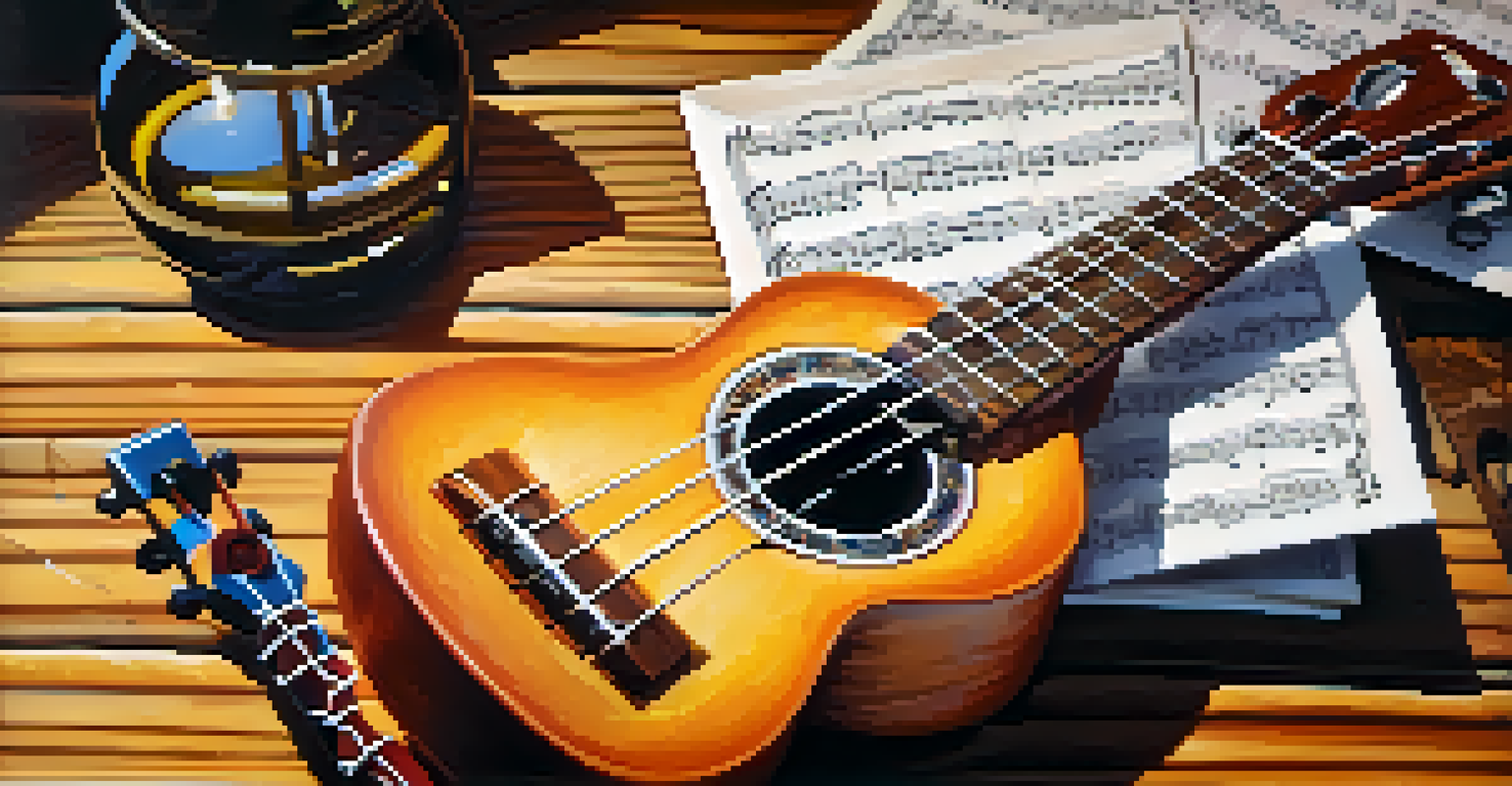 A close-up of a shiny ukulele on a wooden table with scattered sheet music and colorful dance-punk band posters in the background.