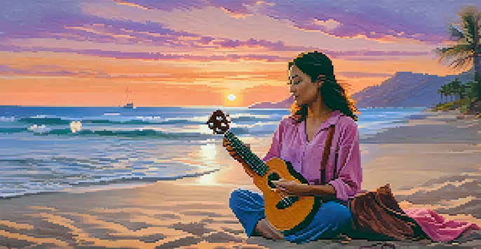 A traveler on a beach at sunset, playing a soprano ukulele with warm sunset colors in the sky.