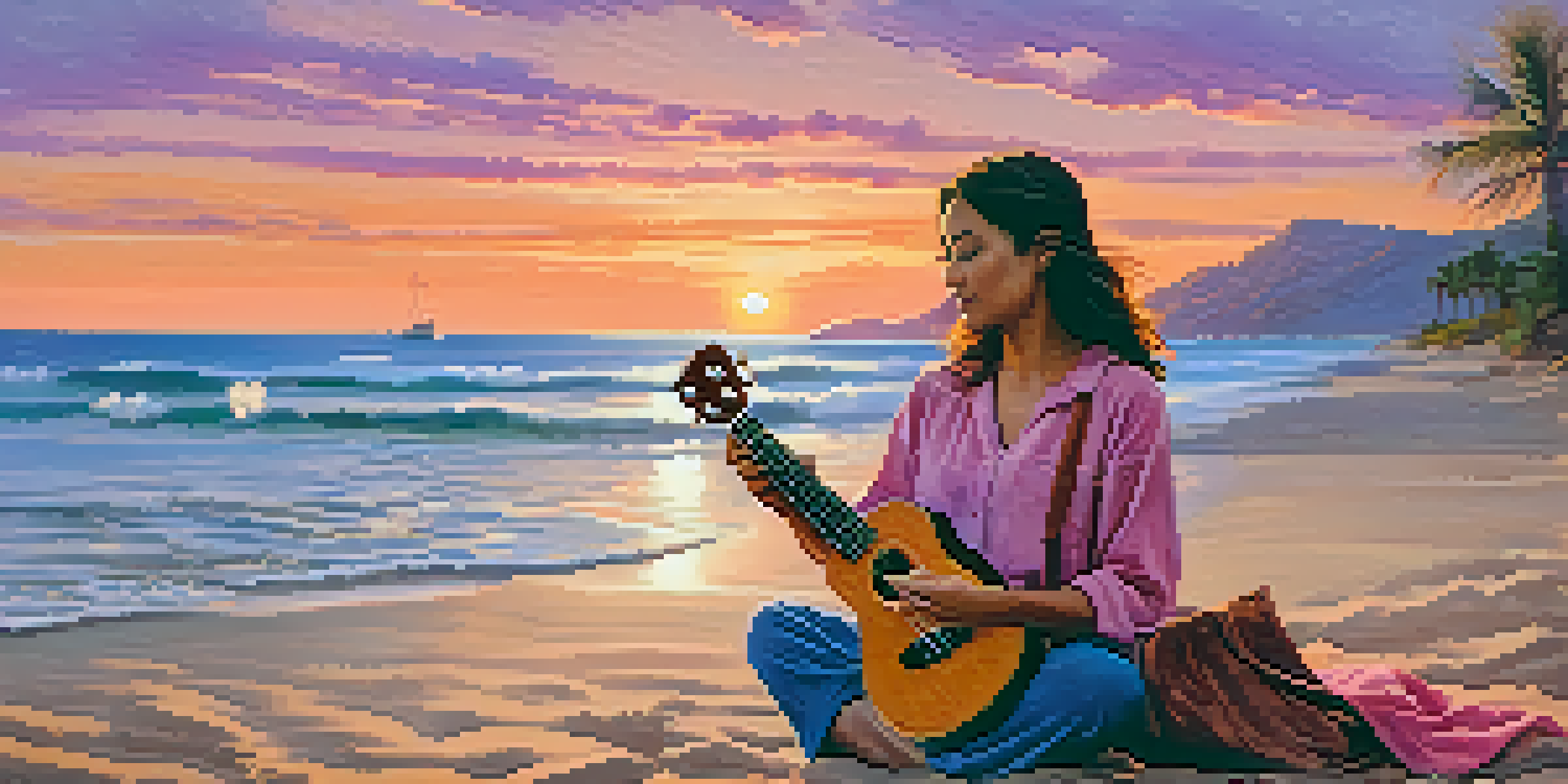 A traveler on a beach at sunset, playing a soprano ukulele with warm sunset colors in the sky.