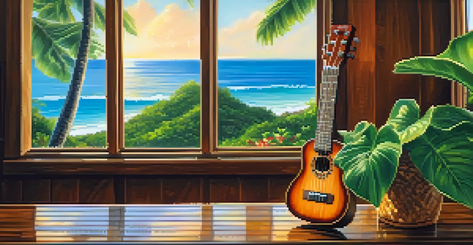 A ukulele on a wooden table with tropical flowers and leaves, illuminated by warm sunlight, with a blurred beach in the background.