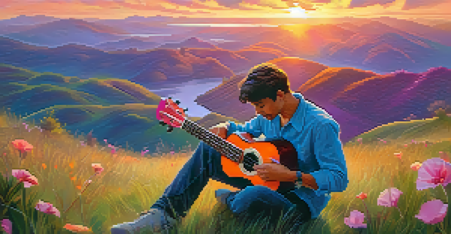 A musician sitting on a hill playing a ukulele with a beautiful sunset in the background.