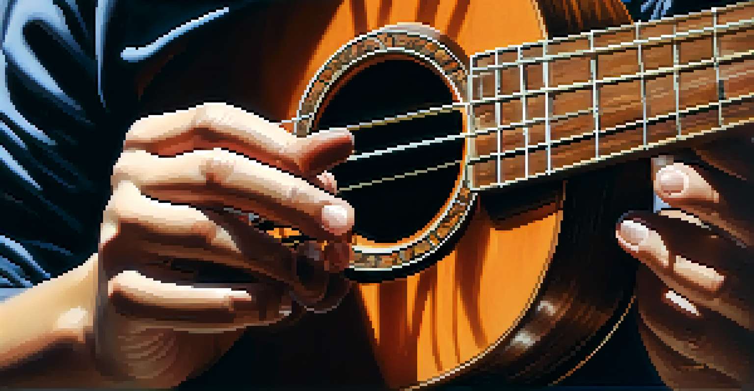 A close-up of hands playing a ukulele with a blurred background.