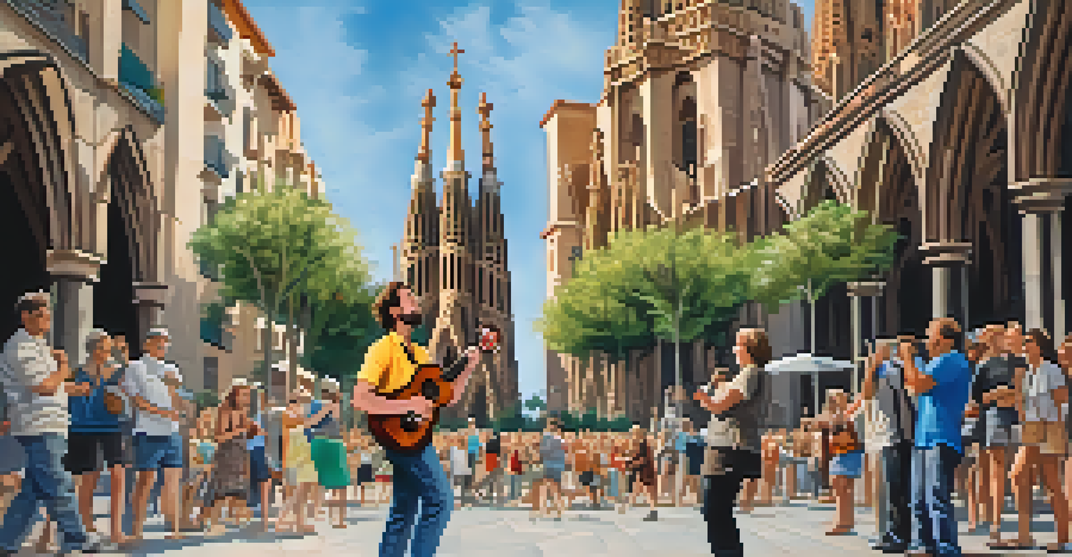 A musician playing a ukulele in front of the Sagrada Família in Barcelona, with a crowd of people enjoying the music.