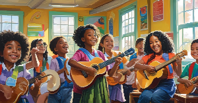 A diverse group of students in a classroom, happily playing ukuleles with a teacher overseeing them.