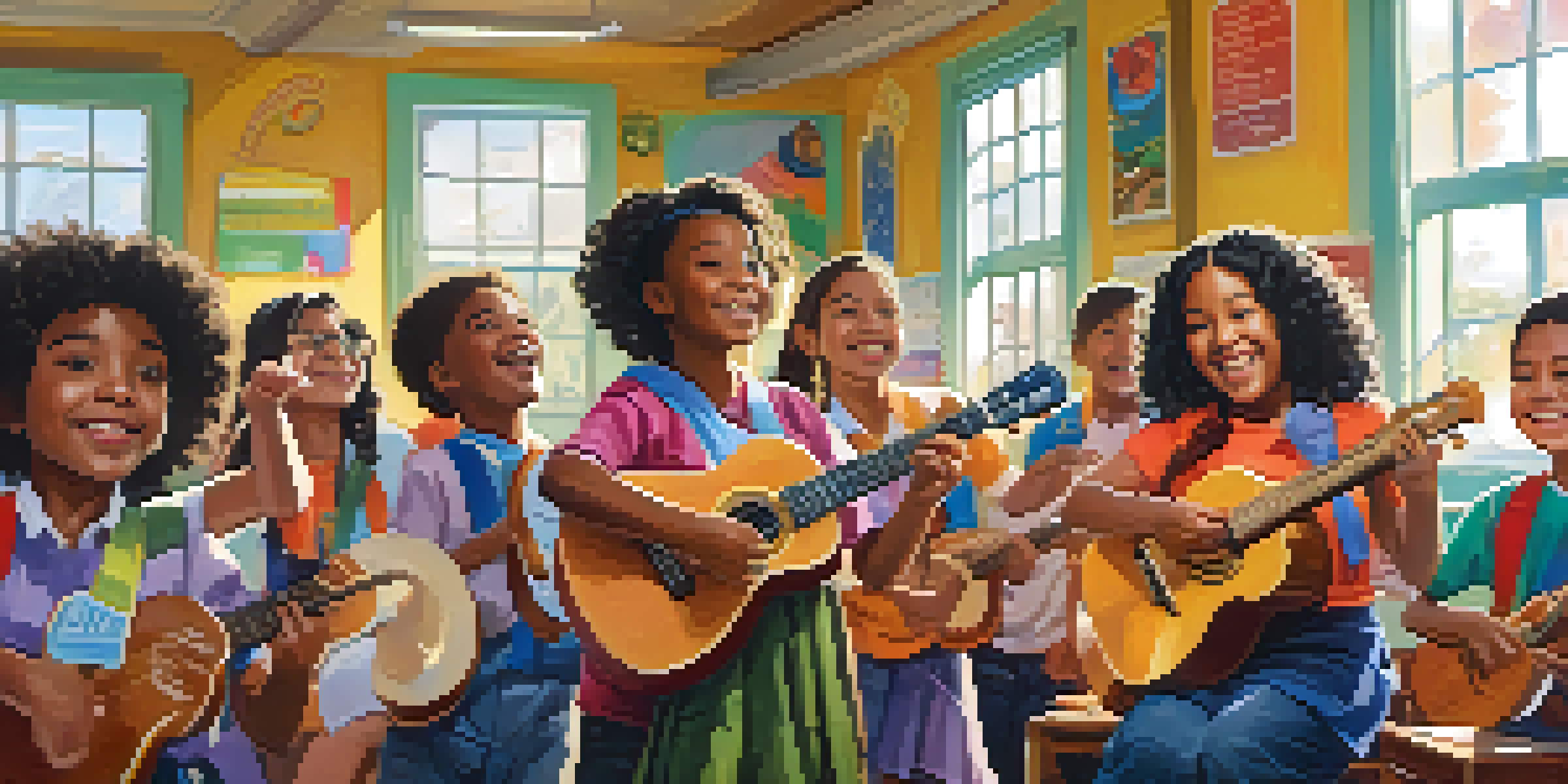 A diverse group of students in a classroom, happily playing ukuleles with a teacher overseeing them.