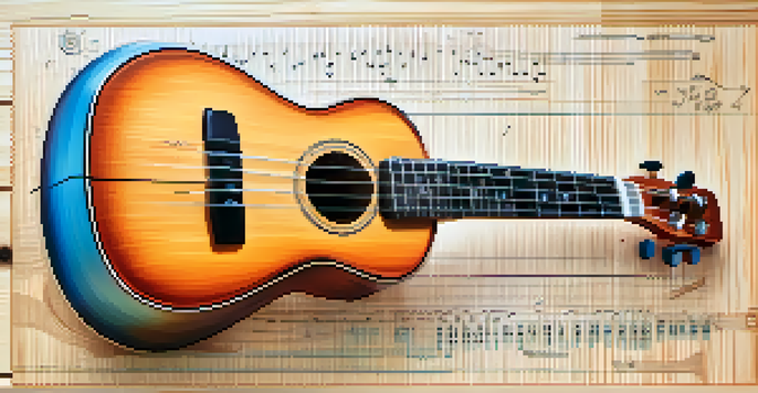 A close-up of a ukulele with labeled parts in a colorful diagram against a softly blurred background.
