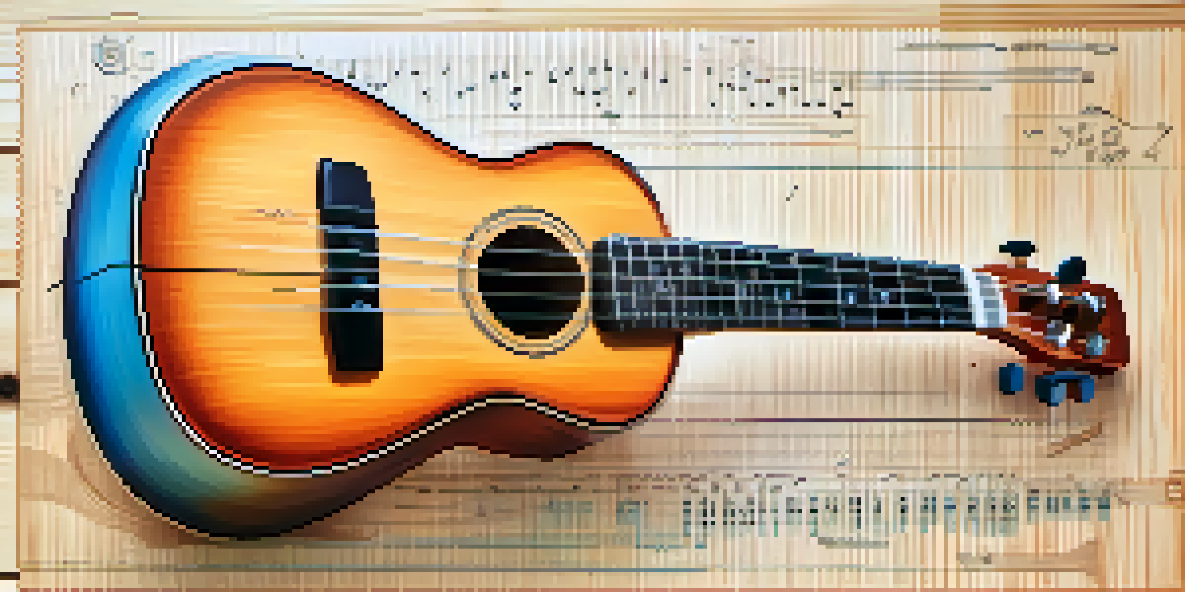 A close-up of a ukulele with labeled parts in a colorful diagram against a softly blurred background.