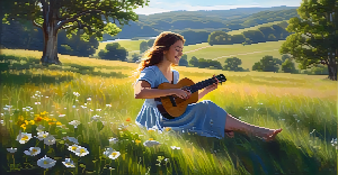 A young woman joyfully playing a ukulele in a sunlit grassy field filled with wildflowers and rolling hills in the background.