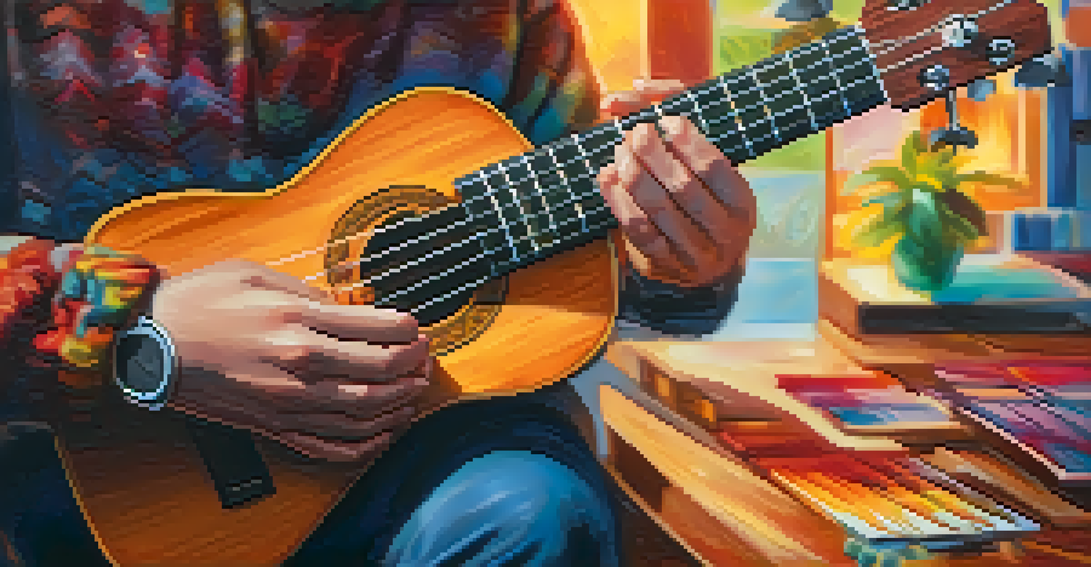 A musician's hands playing the C major scale on a ukulele, with a focus on the fretboard and a cozy room in the background.