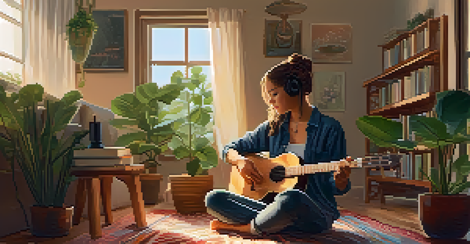 A person sitting on a rug, playing a ukulele in a warm and cozy indoor space filled with plants and books.