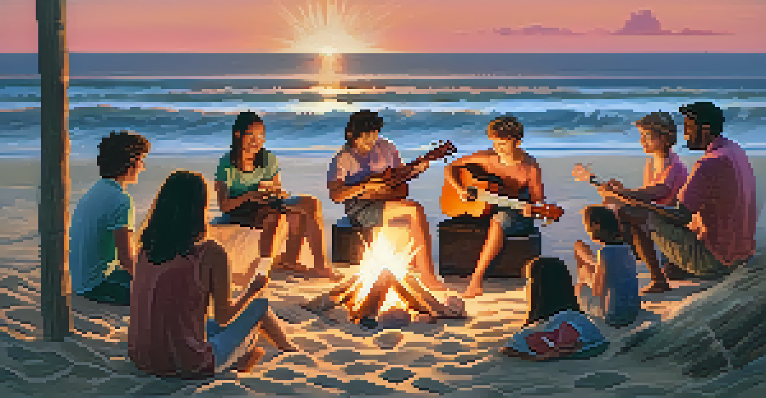 Friends gathered on a beach around a campfire, one playing a ukulele as the sun sets over the ocean.