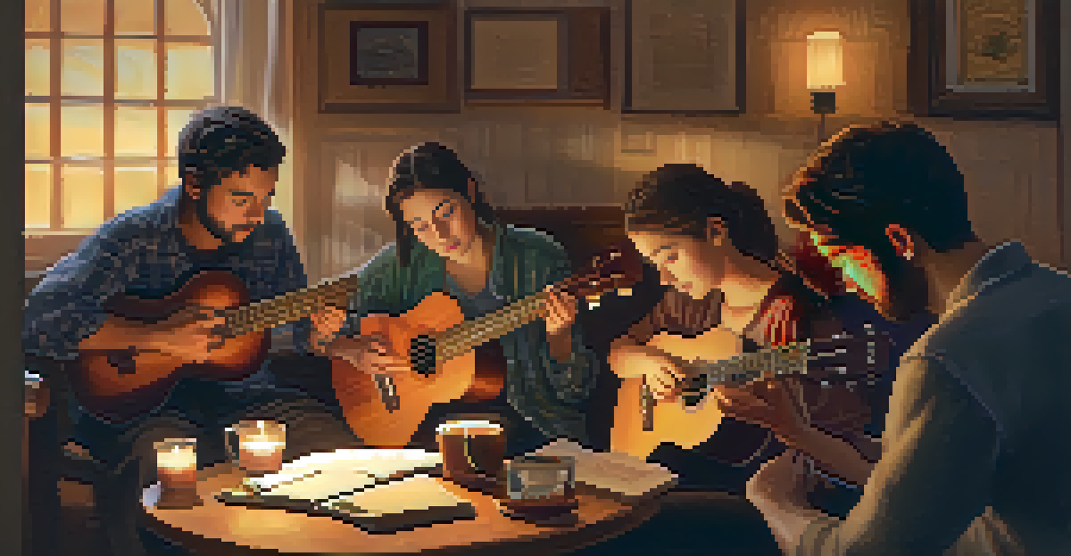 Friends gathered around a table, collaborating on a song with a ukulele, illuminated by warm light.
